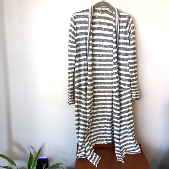 Free People Sweaters - Free People Grey Stripped Long Line Knit Cardigan